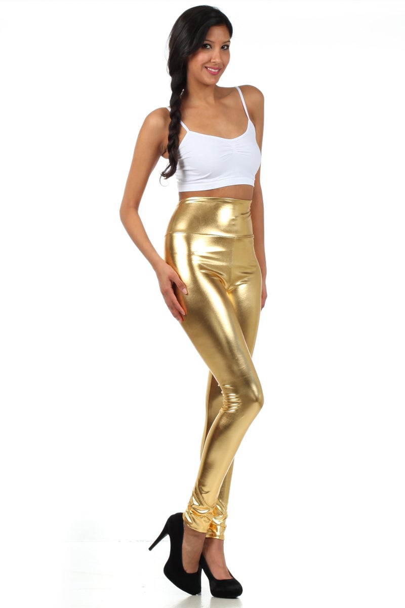Sakkas 2616 Shiny Liquid Metallic High Waist Stretch Leggings - Gold - L - Image 3